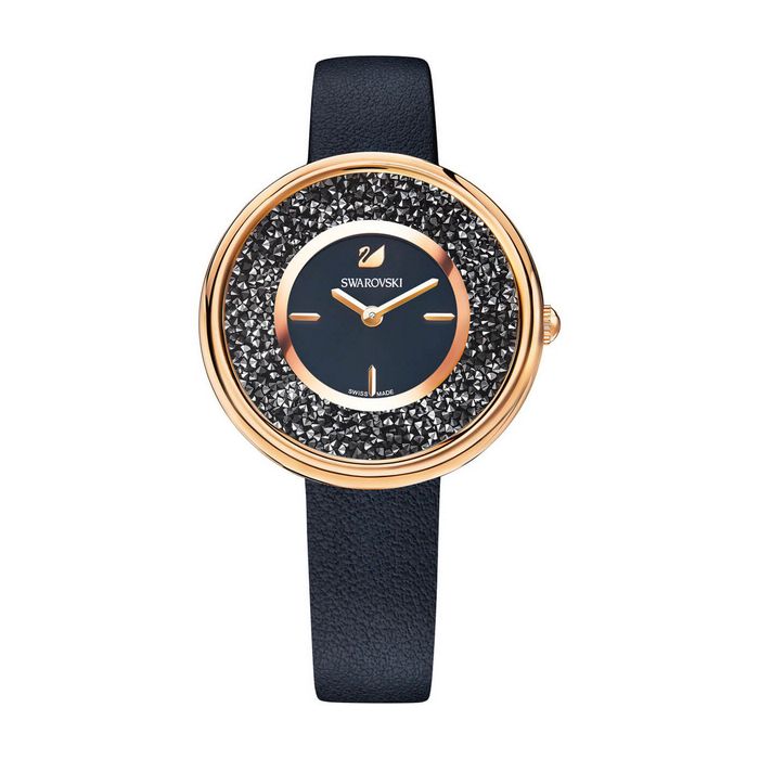 swarovski orologio crystalline pure cinturino in pelle nero tono oro rosa 5275043