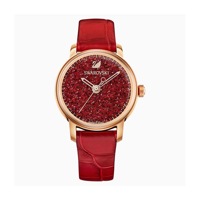 swarovski orologio crystalline hours cinturino in pelle rosso tono oro rosa 5295380