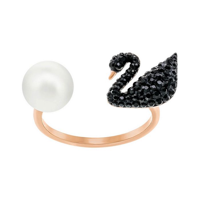 swarovski anello aperto iconic swan, nero, placcato oro rosa 5296471