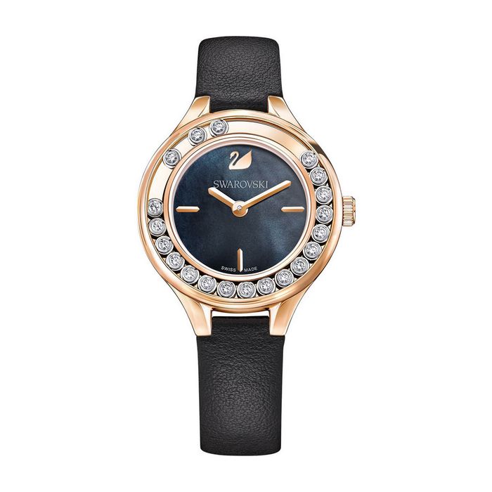 Orologio Lovely Crystals Mini, Cinturino in pelle, nero, tono oro rosa