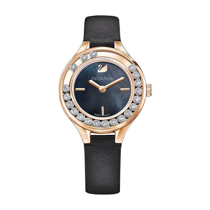 swarovski orologio lovely crystals mini cinturino in pelle nero tono oro rosa 5301877