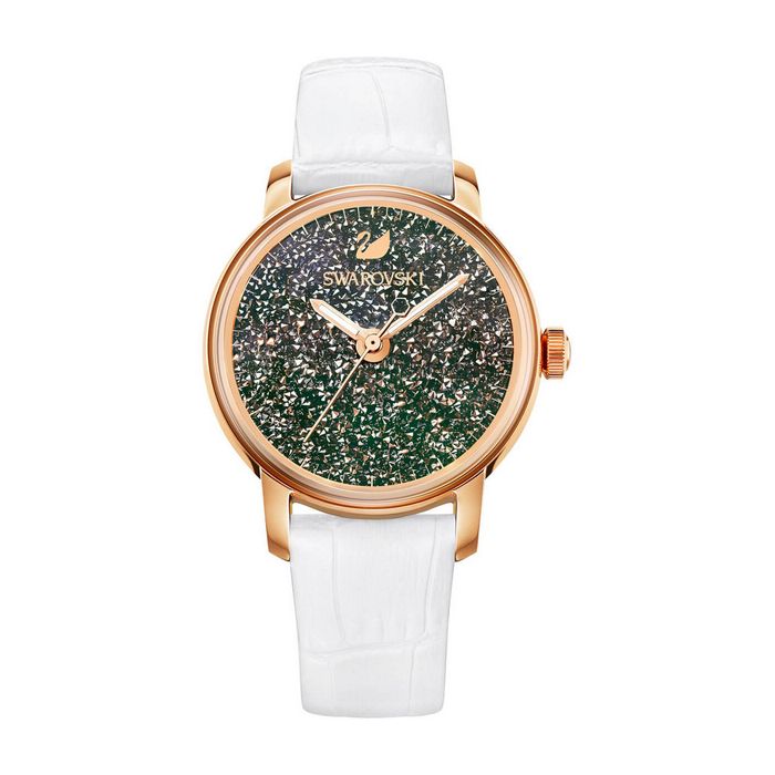 swarovski orologio crystalline hours, cinturino in pelle, bianco, tono oro rosa 5344635