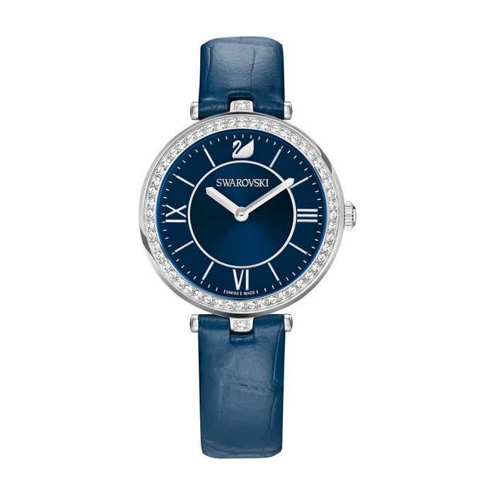 swarovski orologio aila dressy lady, cinturino in pelle, azzurro, tono argentato 5376633