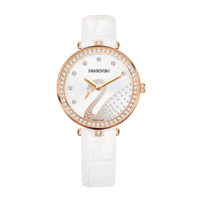 Orologio Aila Dressy Lady Swan, Cinturino in pelle, bianco, tono oro rosa