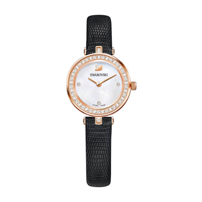 swarovski orologio aila dressy mini cinturino in pelle nero tono oro rosa 5376642