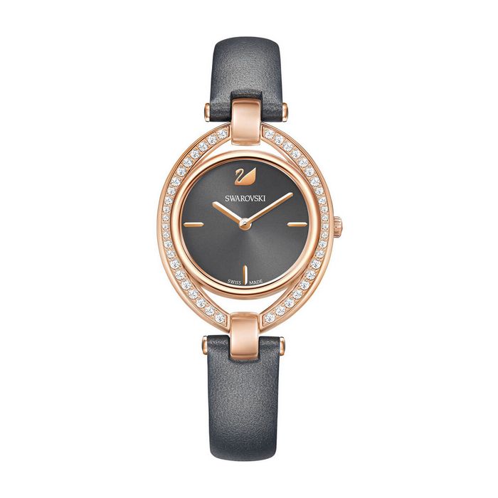 Swarovski Orologio Stella, Cinturino in pelle, grigio scuro, tono oro rosa