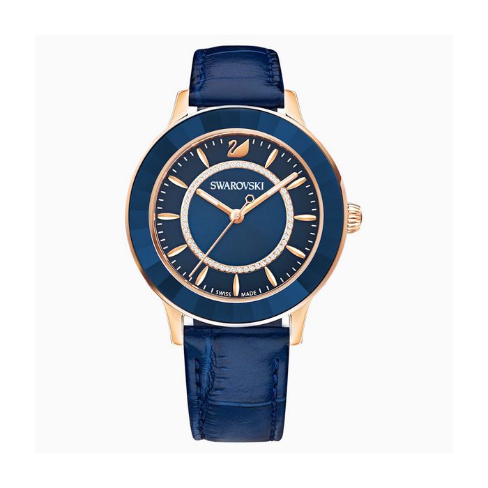 swarovski orologio octea lux, cinturino in pelle, azzurro, tono oro rosa 5414413