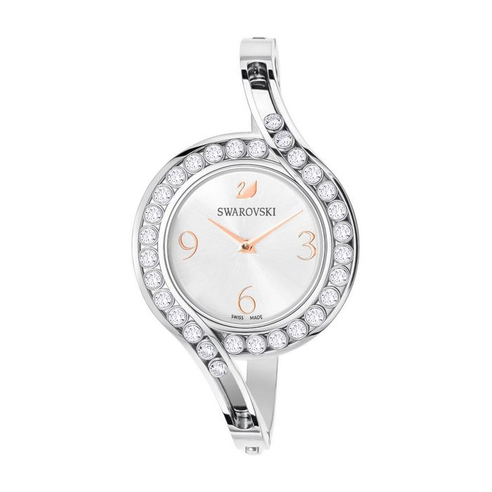 Orologio Lovely Crystals Bangle, Bracciale di metallo, bianco, tono argentato