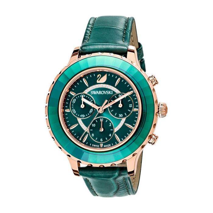 swarovski orologio octea lux chrono cinturino in pelle verde tono oro rosa 5452498