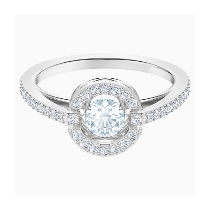 Anello Sparkling Dance Round, bianco, placcatura rodio
